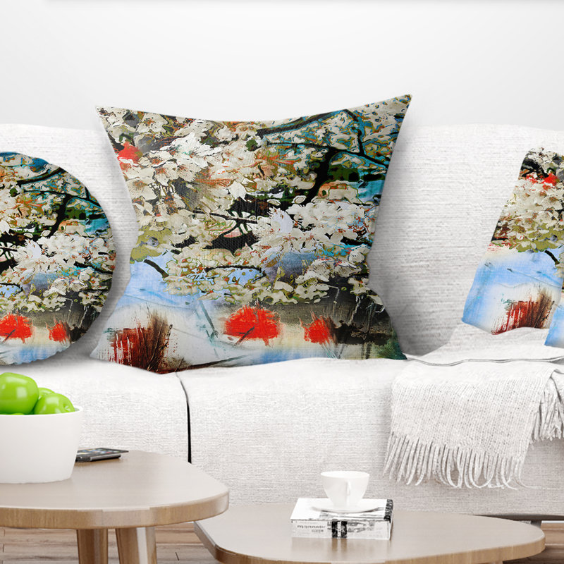 Motif printanier avec petites fleurs blanches - coussin à imprimé floral, 16 po x 1 po, Coussin décoratif