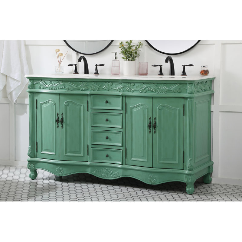 Ensemble de meuble-lavabo double de 60 po pour la salle de bain Mannie, Menthe rétro, Blanc Ivoire