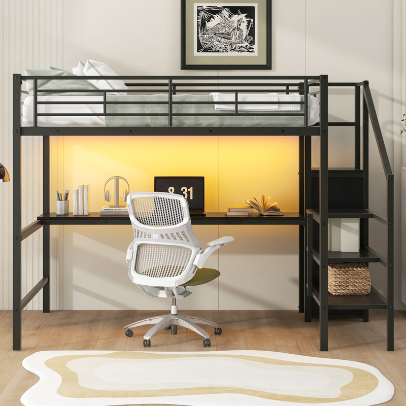 Lit mezzanine double en métal avec bureau, escalier de rangement, petite armoire et lumière DEL, Noir