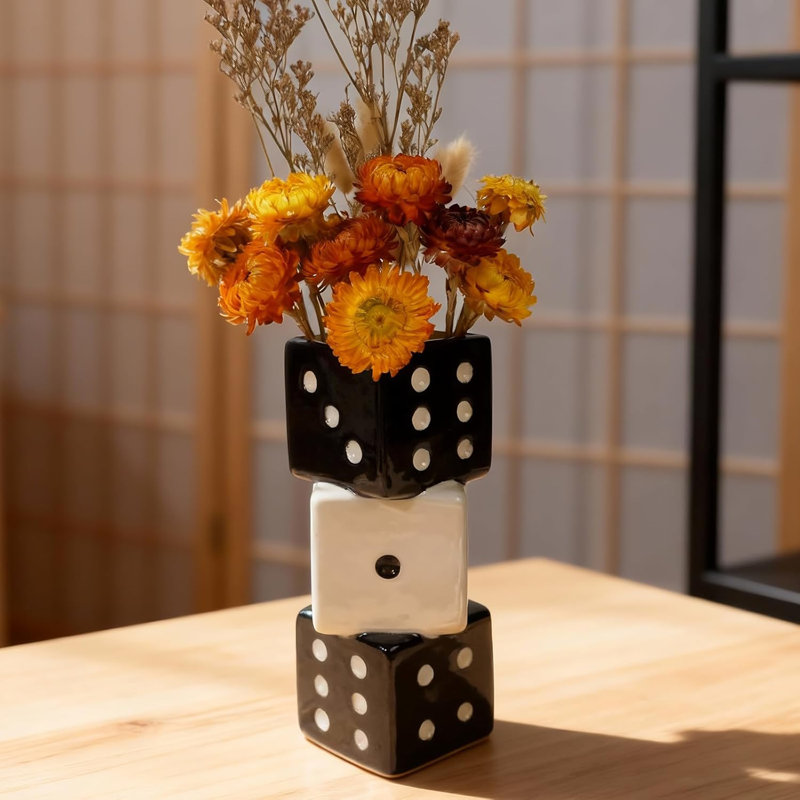 Vase en céramique Triple Dice - Centre de table décoratif moderne noir et blanc
