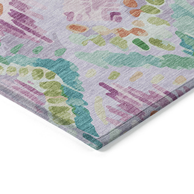 Lavender and Green Geometric Pattern Washable Synthetic Rug