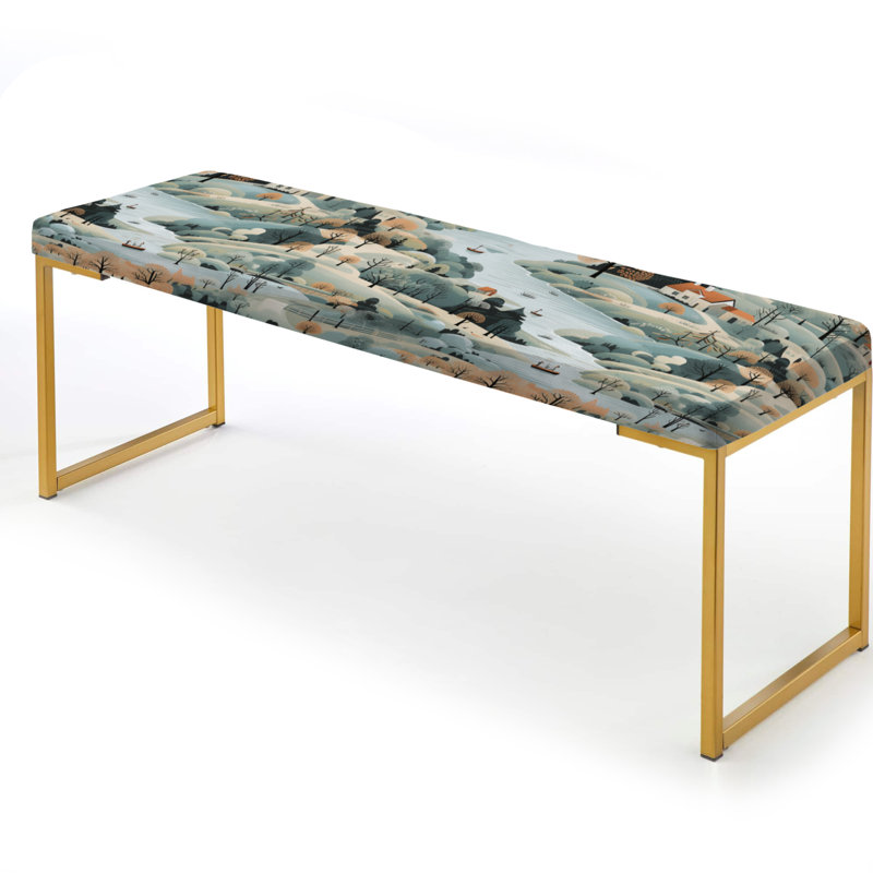 Floral Upholstered Gold Bench, Summer Scandinavian Landscape