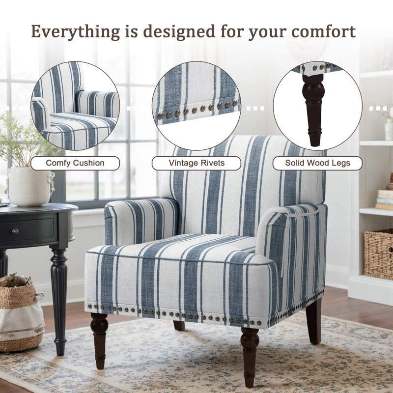 Arian 73 Cm Wide Cotton Armchair, Dark Blue Stripe Linen Blend