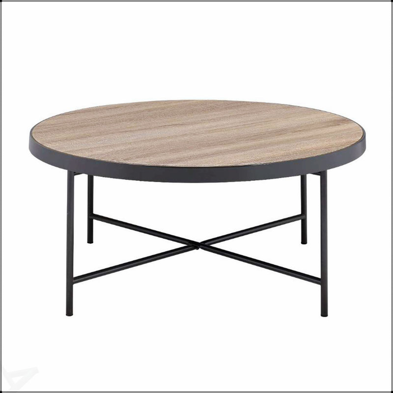 Table basse ronde en bois avec cadre en métal, alliant charme rustique et durabilité industrielle pour les espaces de vie modernes.