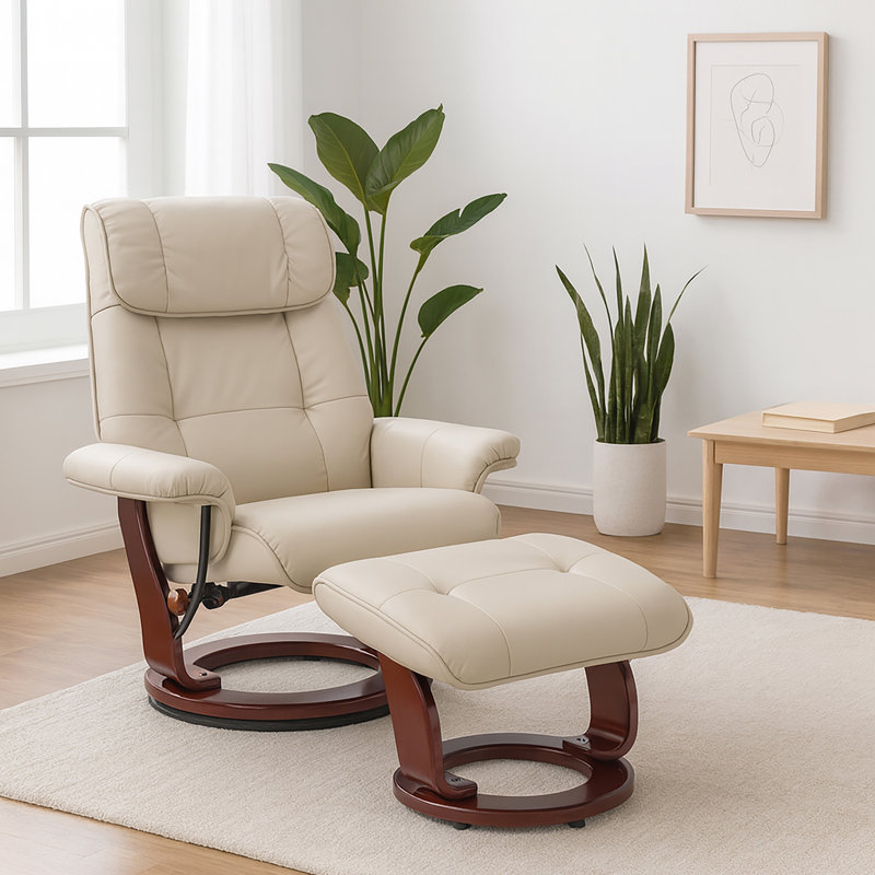 Célia Leather Swivel Recliner with Ottoman, Beige