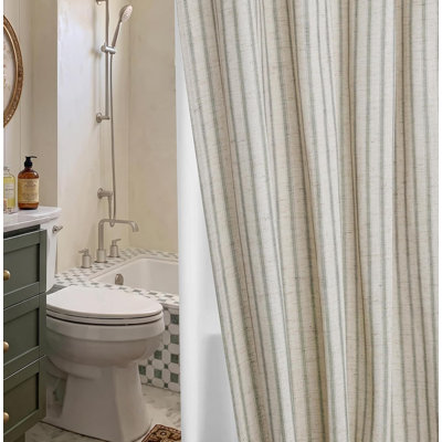 Rideau de douche à rayures style ferme, en lin mélangé avec doublure amovible en polyester, respirant et lavable à la machine, couleur sauge rustique pour la décoration de votre salle de bain. Dimensions standards : 183 cm (largeur) x 183 cm (longueur). Crochets non inclus.