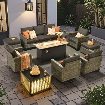 Allcot 7 - Person Wicker Outdoor Conversation Set, Patio Swivel Chair Set with Lighted Coffee Table and Cushions