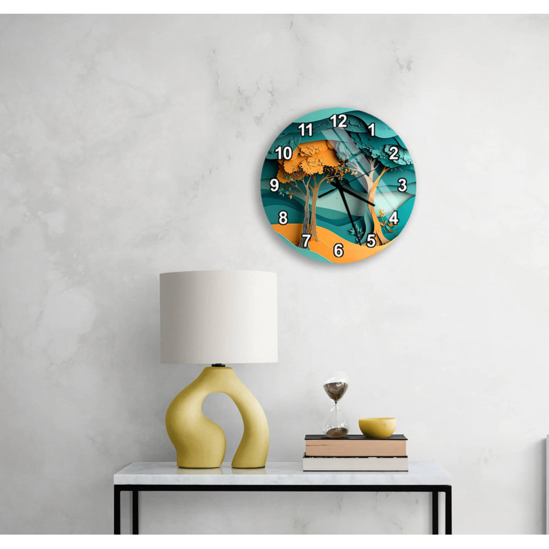 Horloge murale en verre trempé, art de paysage d'arbre de la nature 3D Papercut, décoration moderne orange sarcelle, grande pendaison de crémaillère ronde silencieuse