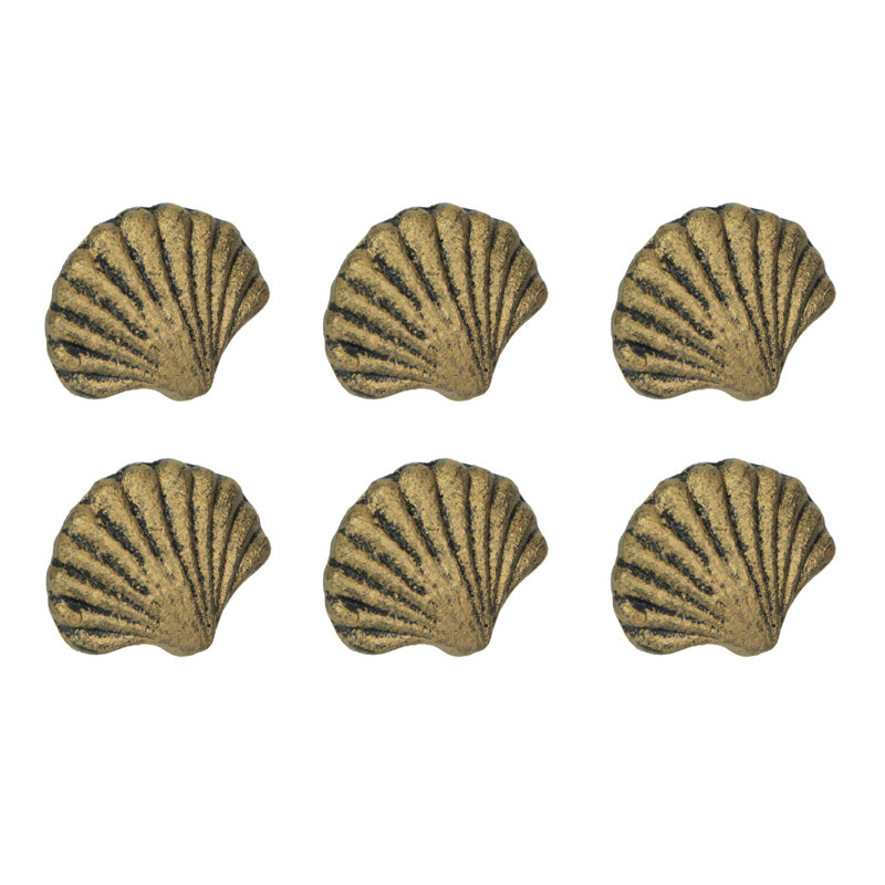 Coastal distressed antique gold cast iron scallop seashell cabinet and drawer pulls, set of 6 — 2" W x 1.75" H x 1.25" projection