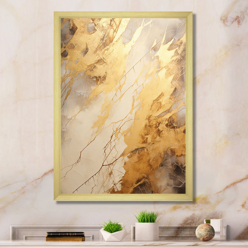 «Beige and Gold Marble Lightning V», reproduction sur toile, H 32 po x l 16 po x P 1 po, Cadre doré simple