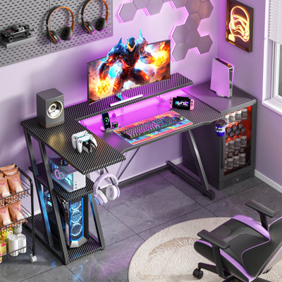47"W Gaming Desk With Monitor Stand & Cpu Stand,Computer Desk With Power Outlet & RGB LED Lights,Home Office Desk With Cup Holder & Headphone Hook