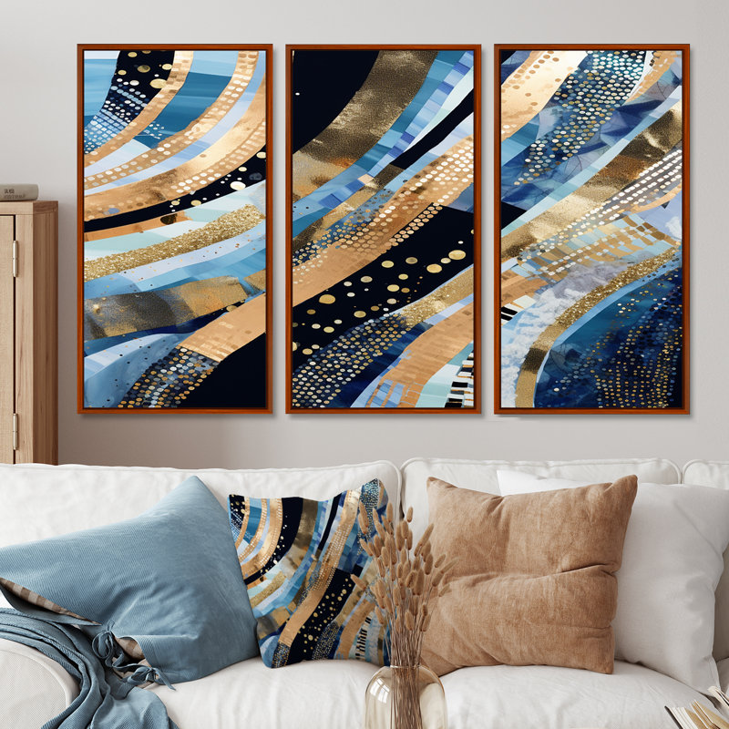 «Summer River Glam Sparkling Gold - Waves», ensemble de reproduction d'art mural, Cadre flottant brun