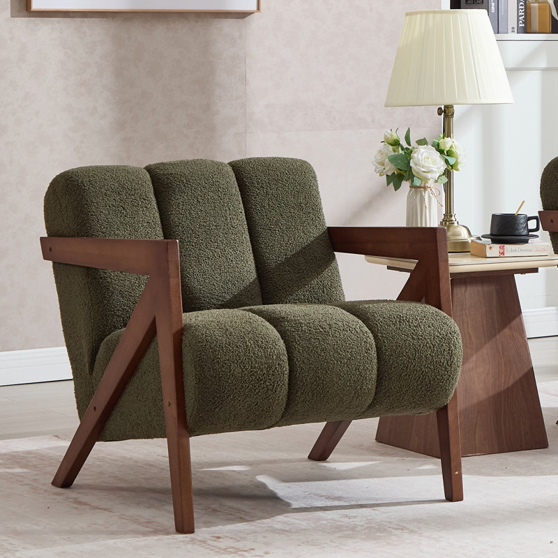 Modern Upholstered Accent Armchair Living Room Chair, Green Sherpa Fabric, Green