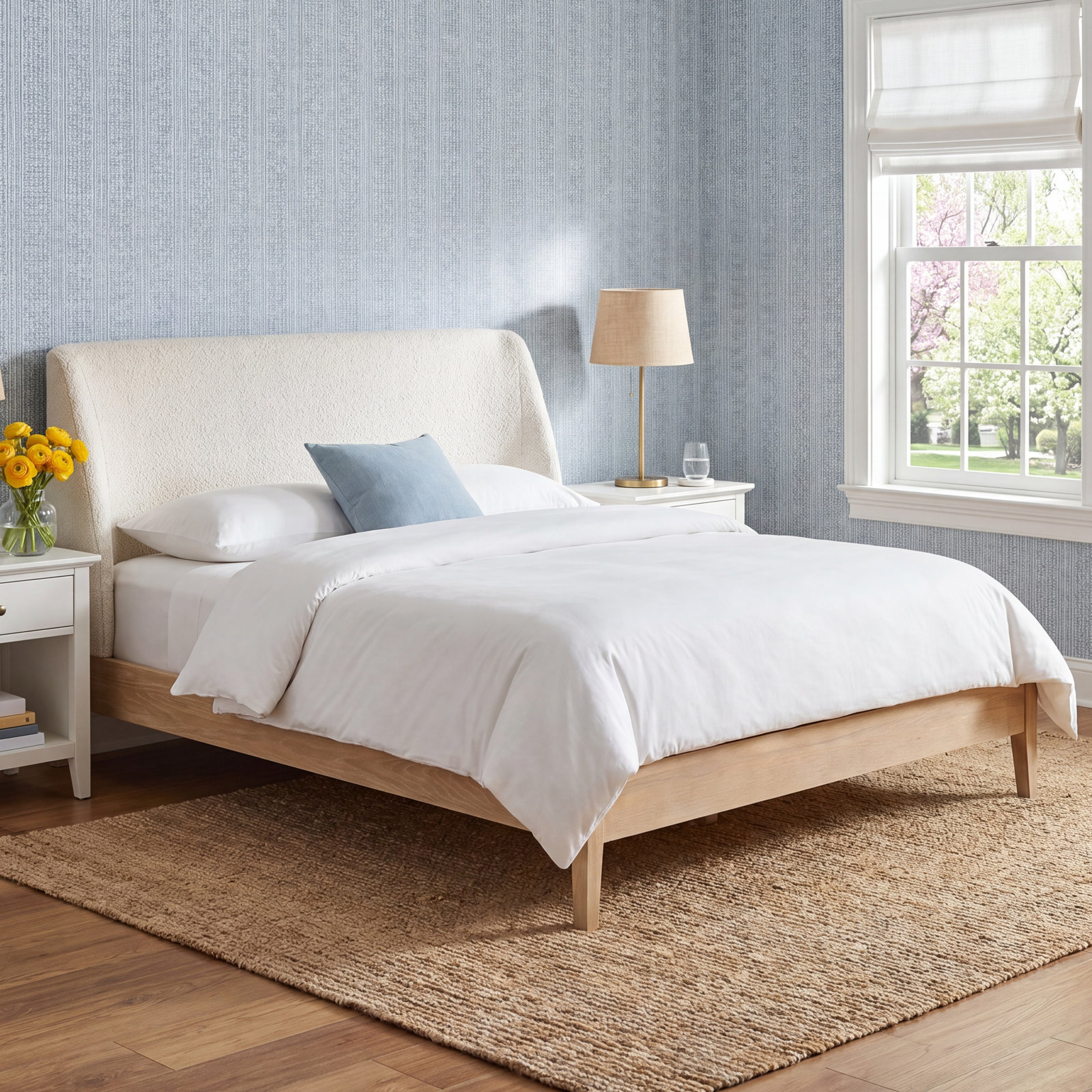 Cloey Upholstered Wingback Bed, Ivory Boucle, King