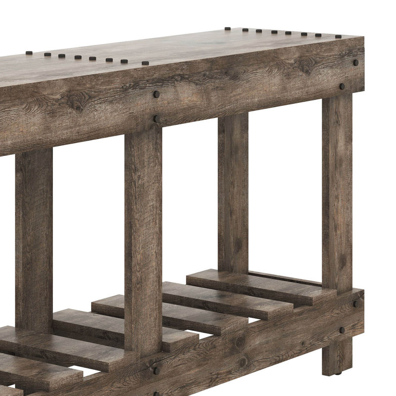 62.9" Console Table Entryway, Vintage Style With Metal Rivets & Storage Shelf, 4.5" Thick Desktop, Natural