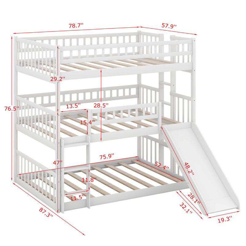 Full Over Full Over Full Triple Bunk Bed, Detachable Bunk Bed With Built-In Ladders, Slide, Guardrails, Wooden Convertible Bed