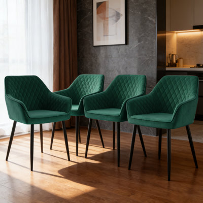 Velvet Upholstered Dining Chairs With Armrests & Diamond Tufting  