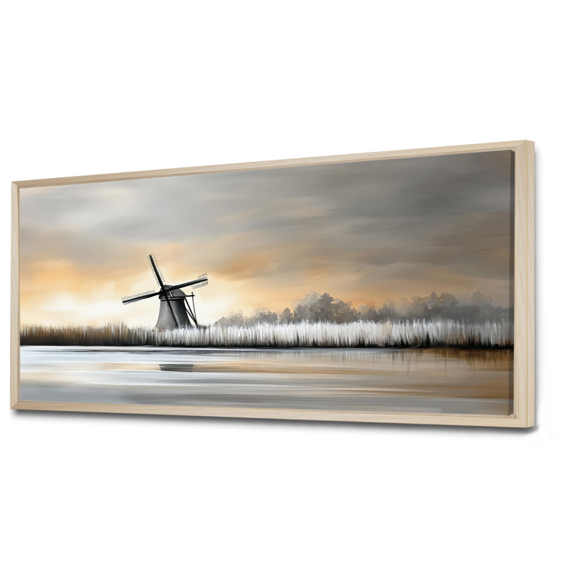 Blanc, jaune, hiver, coucher de soleil, moulin à vent - impressions sur toile, art mural nordique encadré, H 12 po x l 20 po