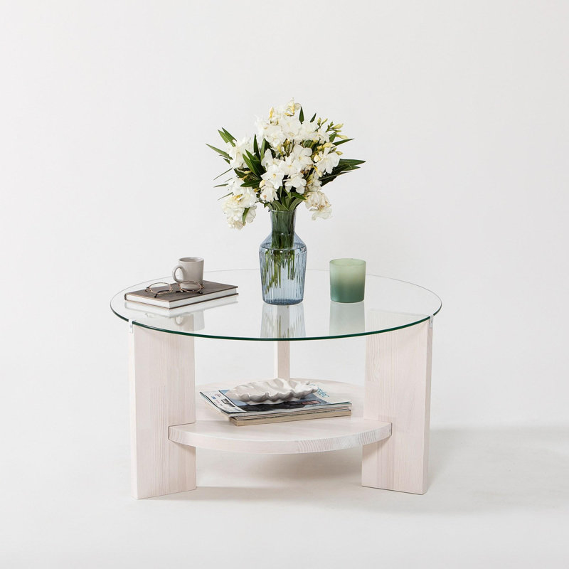 Table basse moderne, blanche, 29,5 po x 15,7 po x 29,5 po | Plateau 100% verre trempé, cadre 100% bois de pin massif | Design scandinave, élégant et durable | Parfait pour le salon et les espaces contemporains
