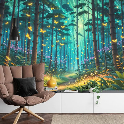 Magical Forest Golden Butterfly Firefly Path Wall Mural for Home Decor
