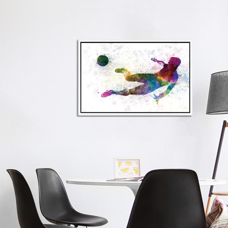 Man Soccer Football Player Flying Kicking II 1 Piece Floater Frame Wall Art on Canvas, 101.6 cm H x 66.04 cm W, White