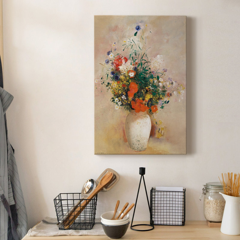Vase de fleurs (fond rose) - impression sur toile tendue, H 12 po x l 8 po x P 1 po