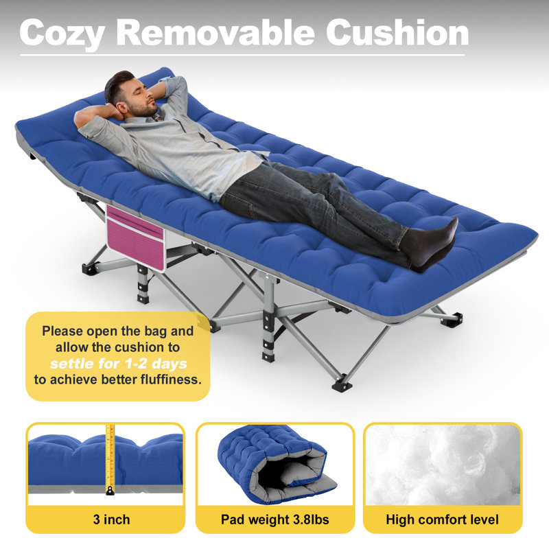 Blue and Red Folding Camping Cot with Mattress and Carry Bag