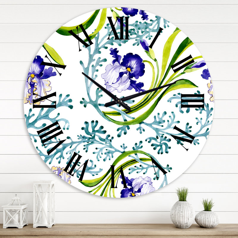 Iris bleu avec feuilles de printemps sauvages - horloge murale traditionnelle, Grand