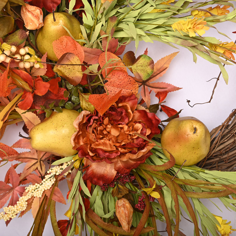 26" Artificial Fall Autumn Thanksgiving Pear Fruits Peony Front Door Wreath