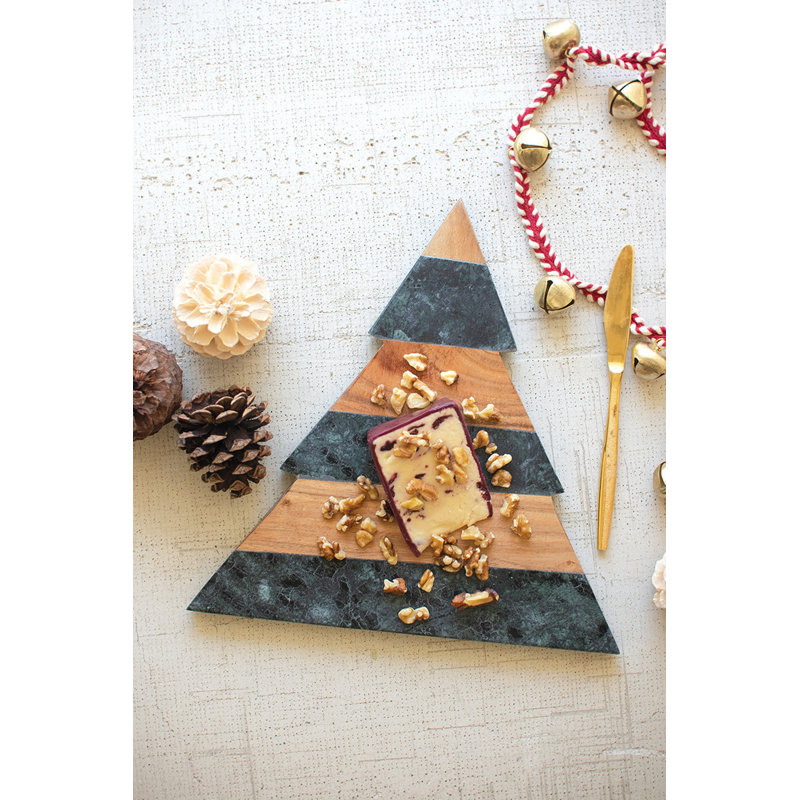  Christmas Tree Marble & Acacia Wood Cutting Board – 13" Holiday Serving Board, Green