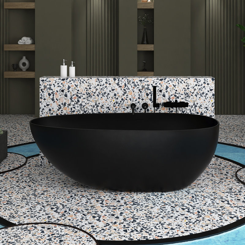 66.93'' x 33.46'' Freestanding Soaking Solid Surface Bathtub, Matte Black