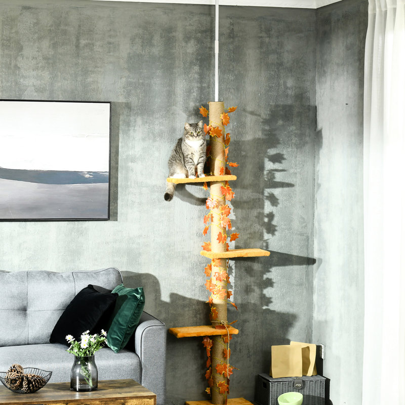 Du sol au plafond, arbre à chat, 80 à 95 po de haut, tour à 3 niveaux avec poteaux à griffes et perchoirs pour chats d'intérieur, tour réglable orange, plateformes pour les amateurs de félins à la maison,