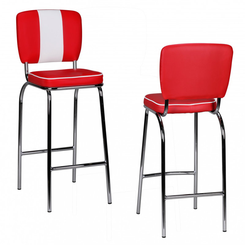 Upholstered Counter Stool with Metal Frame, Red/White