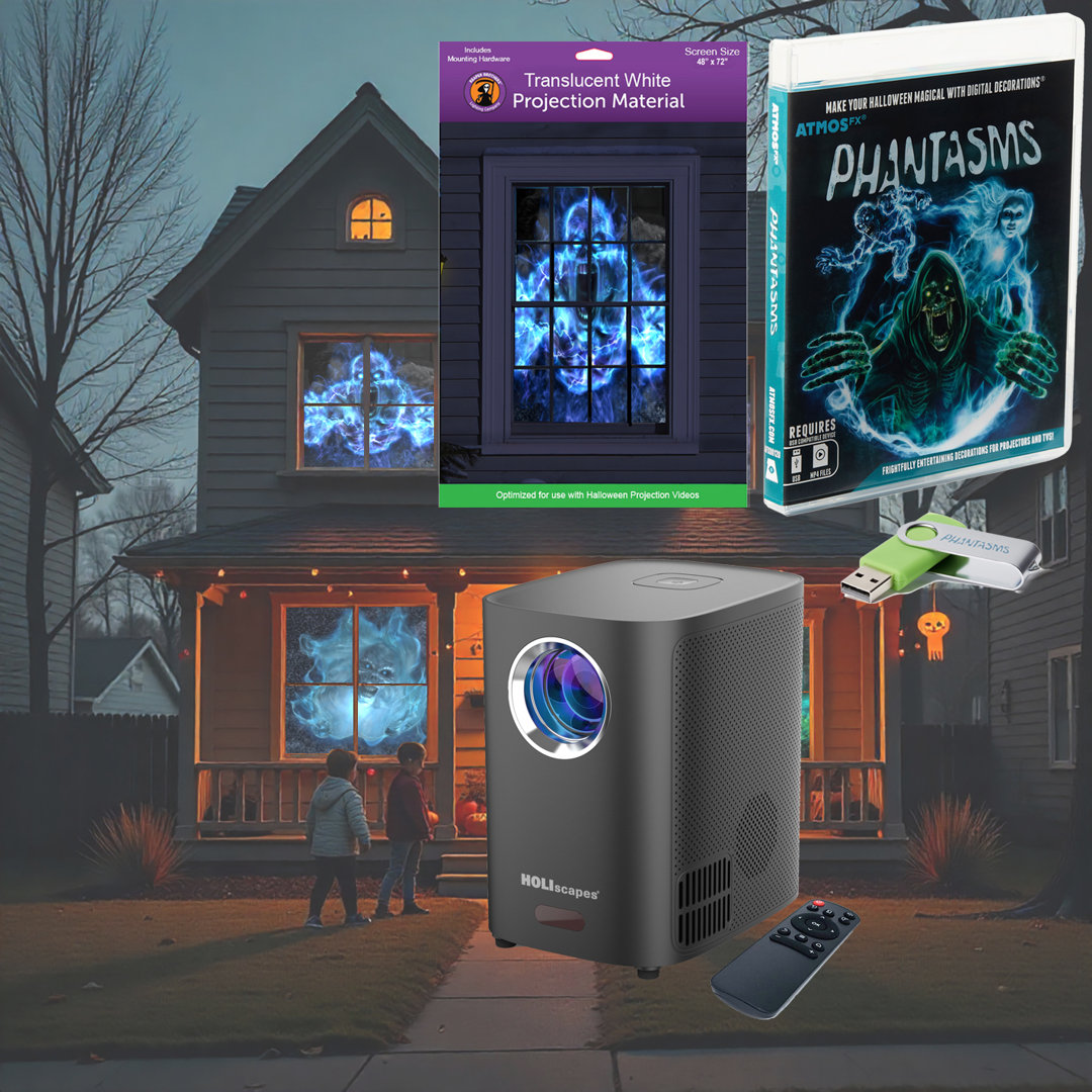 HoliScapes USB Projector Kit - AtmosFx Phantasms on USB + Projector + 48" x 72" Holographic Screen Holiscapes