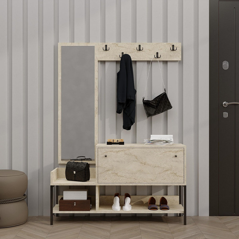 Modern Shoe Cabinet with Mirror & Coat Rack, Travertine Color, 47.2 x 27.6 x 13.8 inches | 100% Melamine Coated Particle Board, Features Multiple Shelves, Wall Mountable | Elegant Storage Solution for Entryway & Hallway