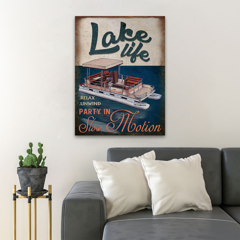 Ponton sur la rivière - «Lake Life Relax Unwind», reproduction d'art graphique sur toile tendue, H 36 po x l 24 po x P 2 po