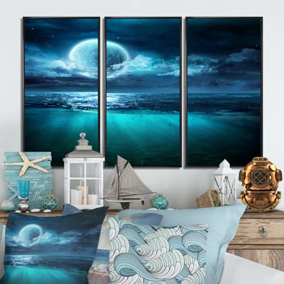 Romantic Moon Over Deep Blue Sea II - Nautical & Coastal Framed Canvas Wall Art Set Of 3 -  Design Art, FL35071-3P-BK