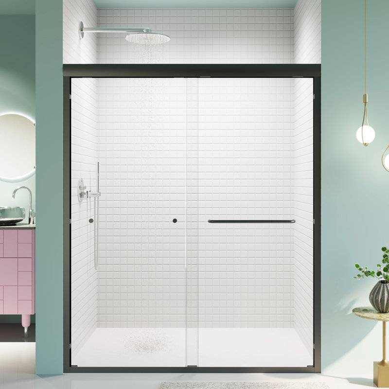 Double porte de douche coulissante, l 56 "-60" x H 72 ", verre trempé, noir mat, ouverture lisse pour la cloison élégante de la salle de bain