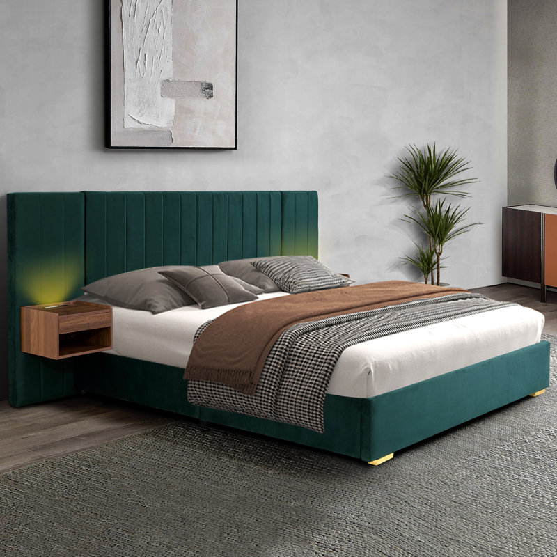 Structure de lit tapissier pour grand lit avec tête de lit capitonnée en velours avec table de chevet flottante DEL / USB intégrée