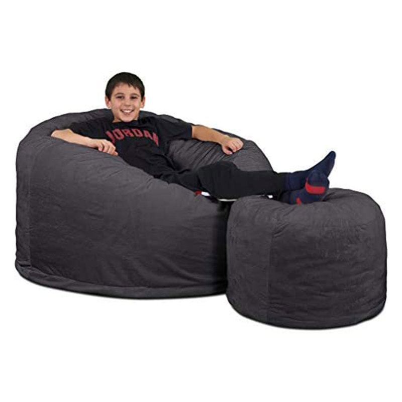 Bean Bag Chair and Footstool, Oversized Lounger, 22" H x 22" W x 22" D, Gray Suede