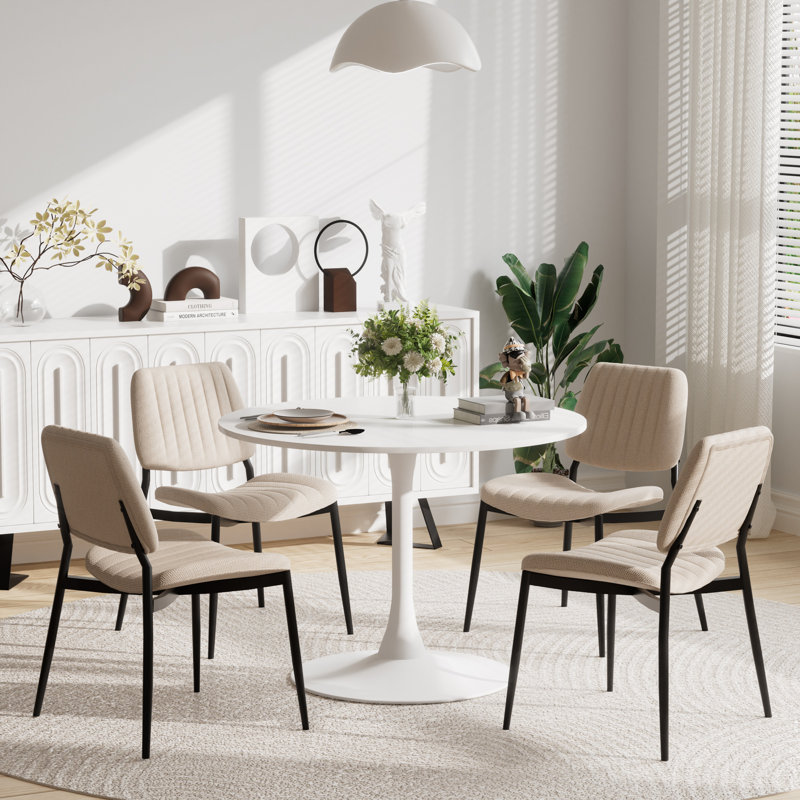 5 Piece Set-Pedestal Dining Room Table and 4 Chairs, White, Beige/Black, White