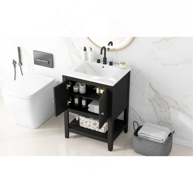 Lavabo de salle de bain moderne élégant en céramique 24 po avec tablette ouverte en bois massif