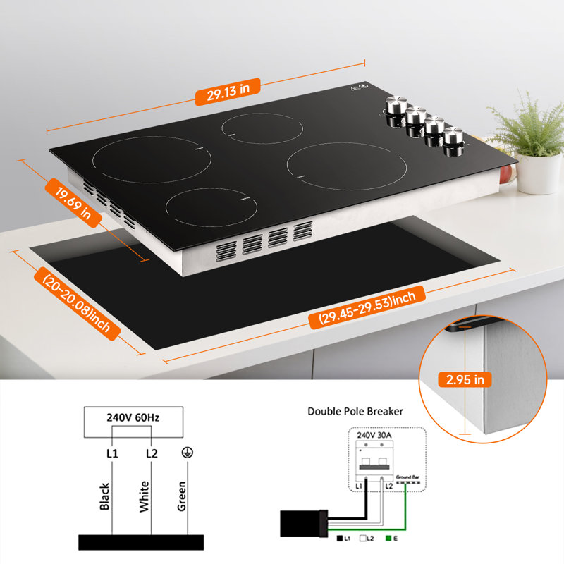 30" Built-In Electric Cooktop with 4 Radiant Burners, 7000W Ceramic Glass Stovetop, Knob Control, Hot Surface Indicator, 220–240V Hardwired Installation
