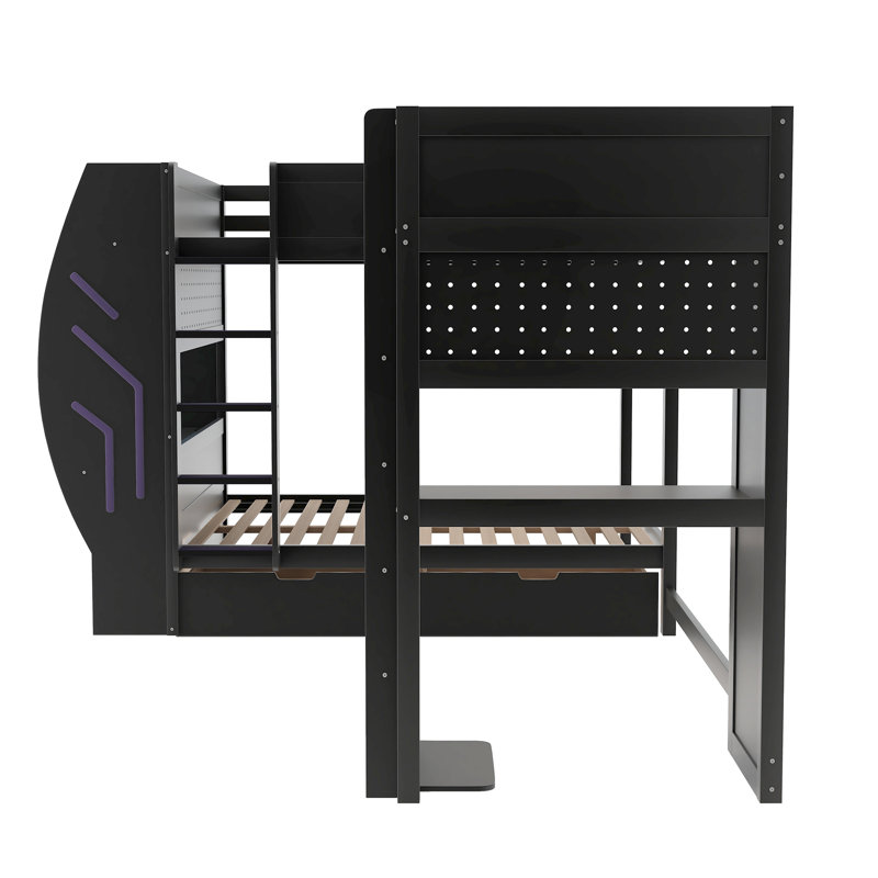 Lit superposé simple et double en L 3 en 1 avec bureaux intégrés, station de charge, échelles et tiroirs de rangement, panneau perforé, lumière DEL, noir