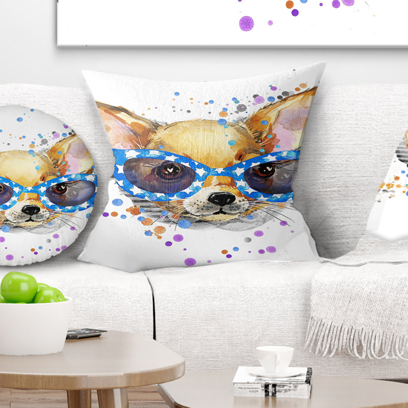 Mignon chiot avec des lunettes bleues - Coussin imprimé animal, 16 po x 1 po, Coussin décoratif