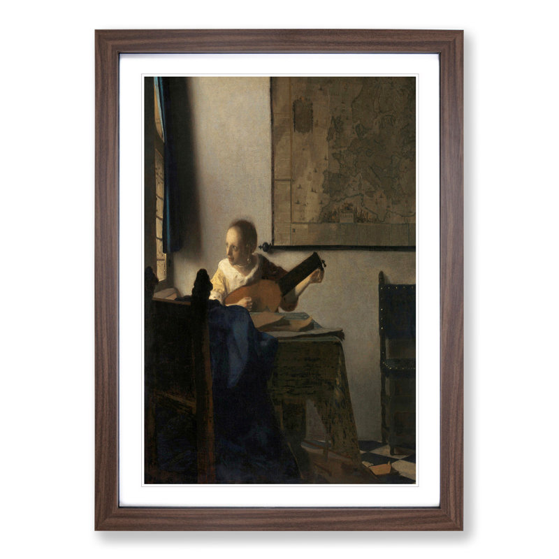 Young Woman with a Lute by Johannes Vermeer - Picture Frame Painting, 36cm H x 27cm W x 2cm D, Walnut