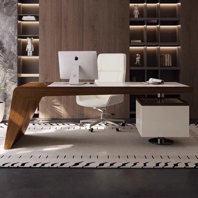 White + Nut-brown + Gray Rectangular Manufactured Wood + Stainless Steel with 2 drawers desk
