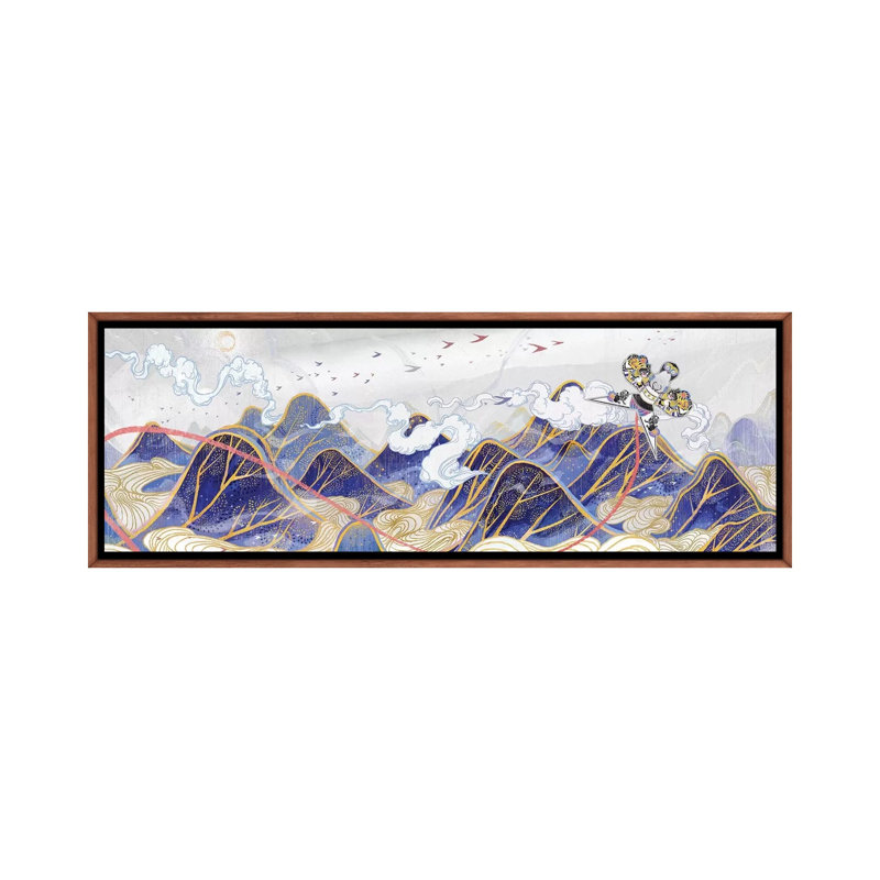 Paper Hawk by Sija Hong - Panoramic Painting on Canvas, 30.48 cm H x 91.44 cm W, Classic Brown Wood Framed