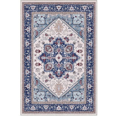 Faux Cashmere Area Rug 6 X 9 Ft Washable Non-Slip Navy Red Cream