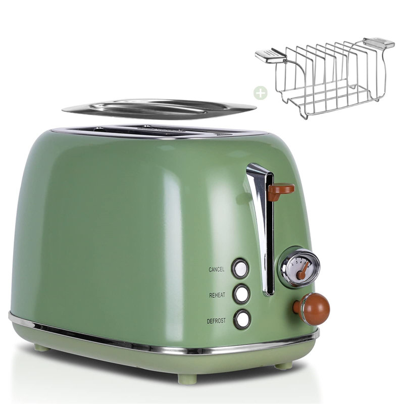Retro toaster 2 slices, 6 adjustable browning levels, stainless steel with high-quality bread roll attachment, warm-up, defrost and cancel function, countdown display, quick toast technology